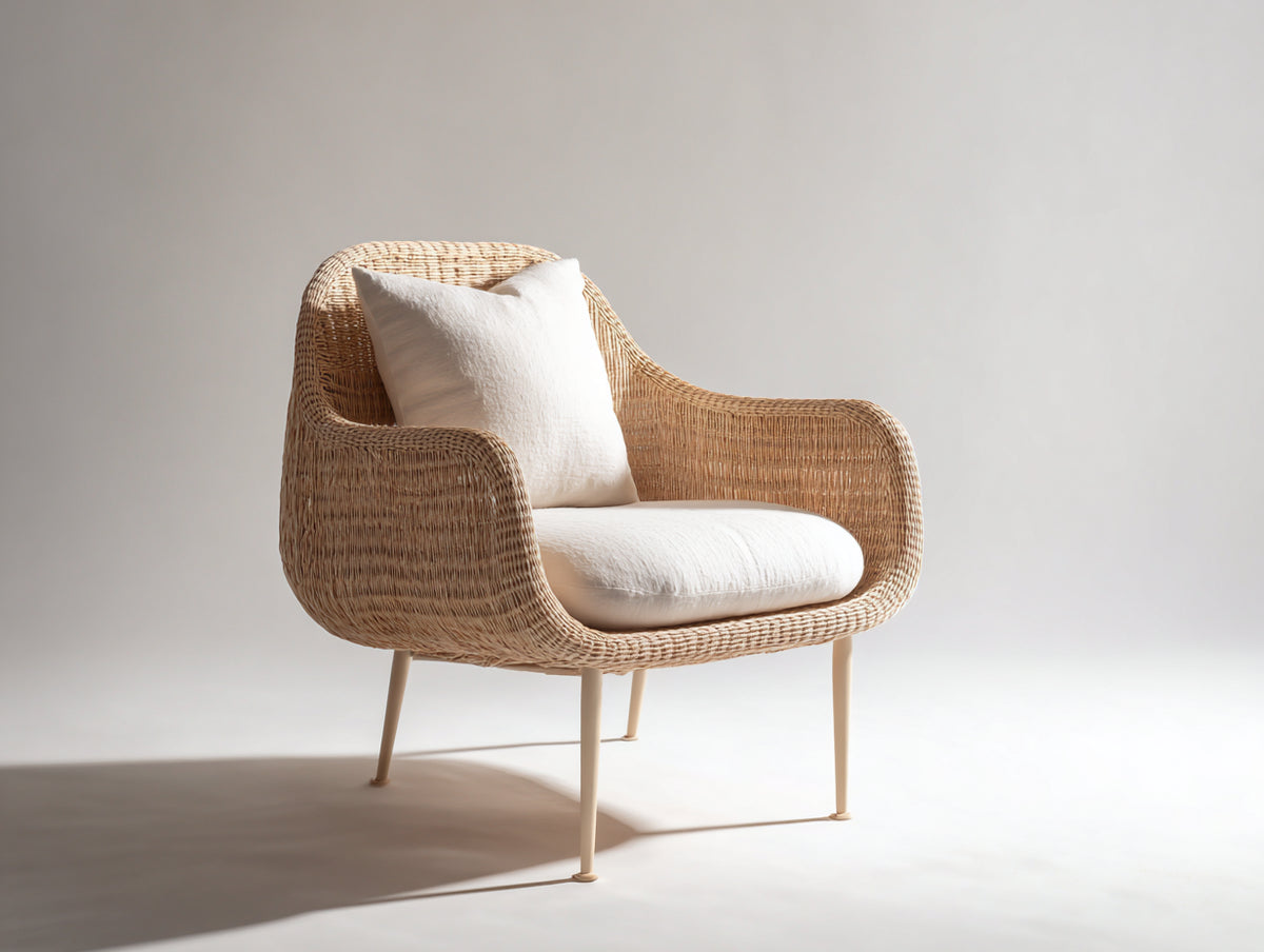 Poltrona da giardino - Rattan-Tessuto-Metallo - 84x76x88 cm - Naturale-Bianco - Stile contemporaneo