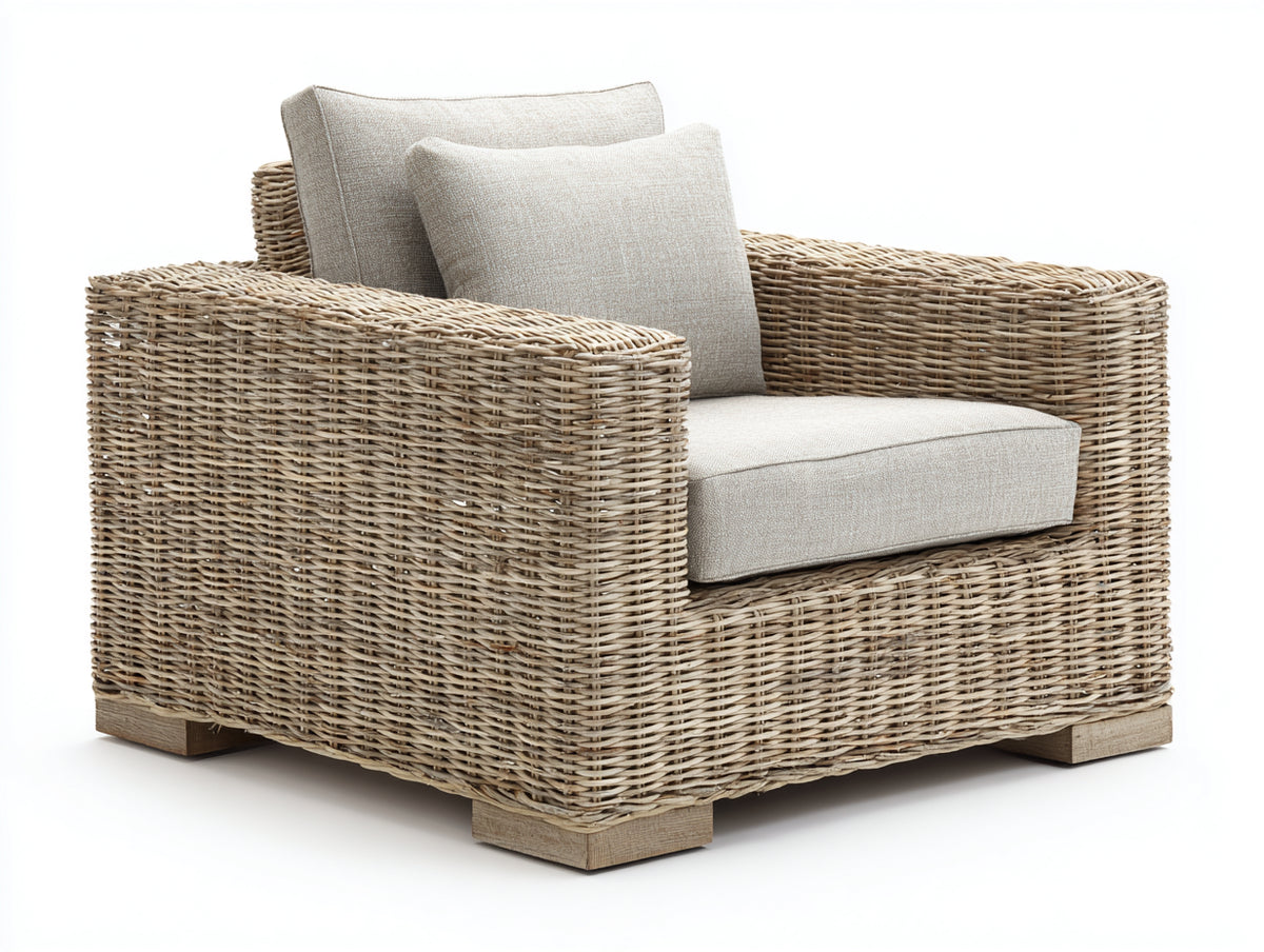 Poltrona da giardino - Rattan naturale-Tessuto - 94x87x83 cm - Grigio naturale-Beige chiaro - Stile mediterraneo