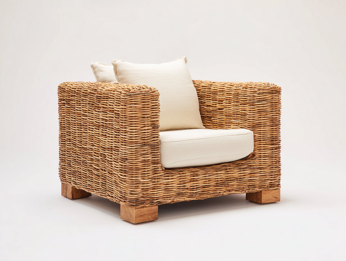 Poltrona da giardino - Fibra intrecciata-Tessuto - 94x87x82 cm - Marrone naturale-Avorio - Stile artigianale