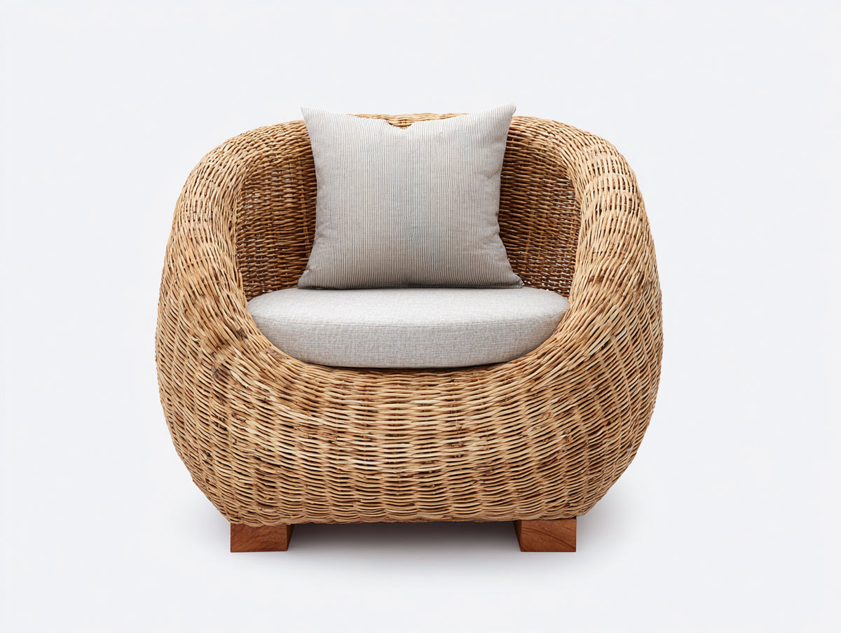 Poltrona da giardino - Rattan naturale-Tessuto - 96x90x84 cm - Naturale-Grigio chiaro - Stile organico