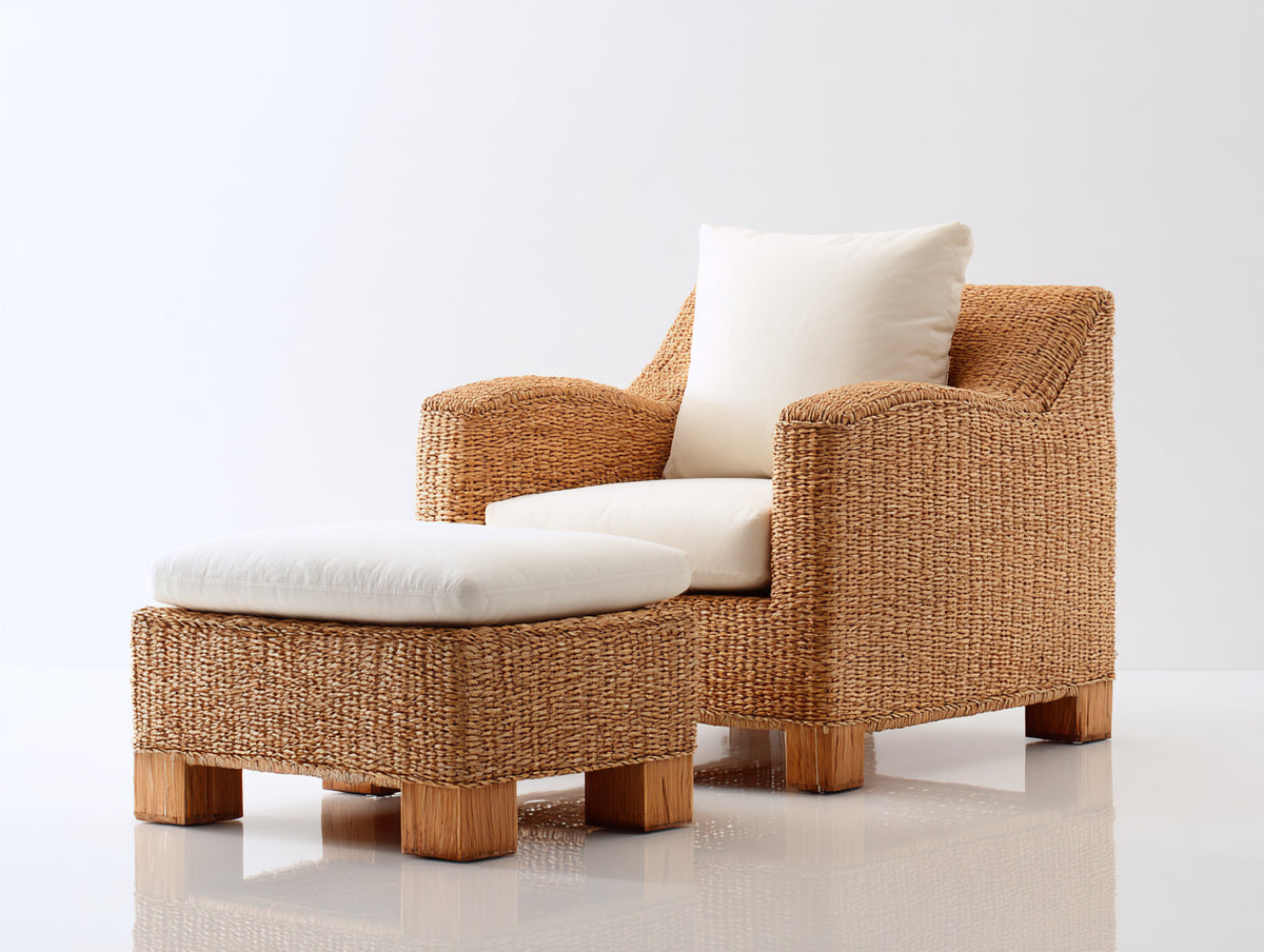 Poltrona da giardino - Fibra intrecciata-Tessuto - 90x83x86 cm - Marrone miele-Crema - Stile naturale