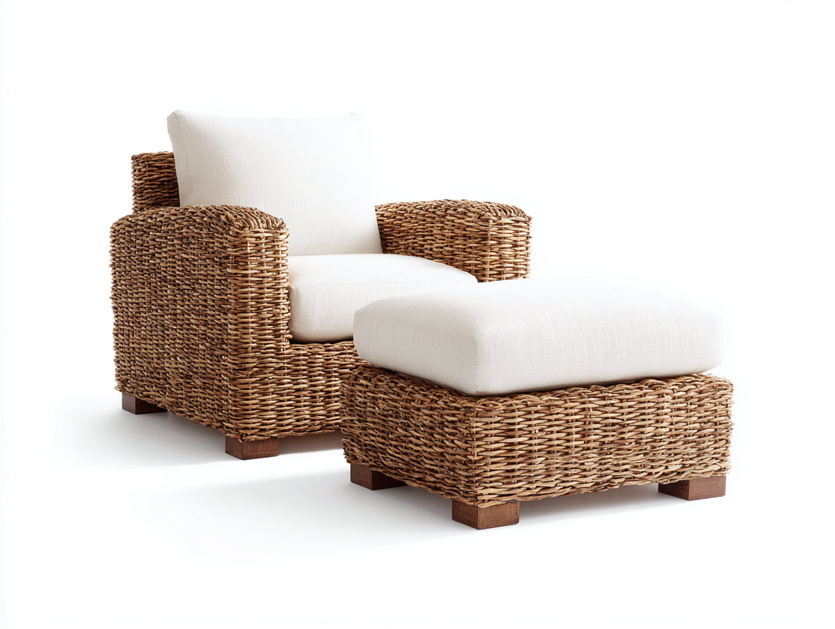 Poltrona da giardino - Rattan naturale-Tessuto - 91x84x83 cm - Marrone naturale-Bianco - Stile rustico contemporaneo