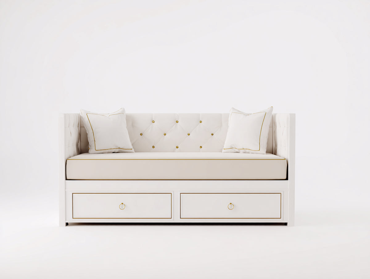 Divano letto - Legno-tessuto - 205x98x90 cm - Bianco-Beige - Stile classico elegante