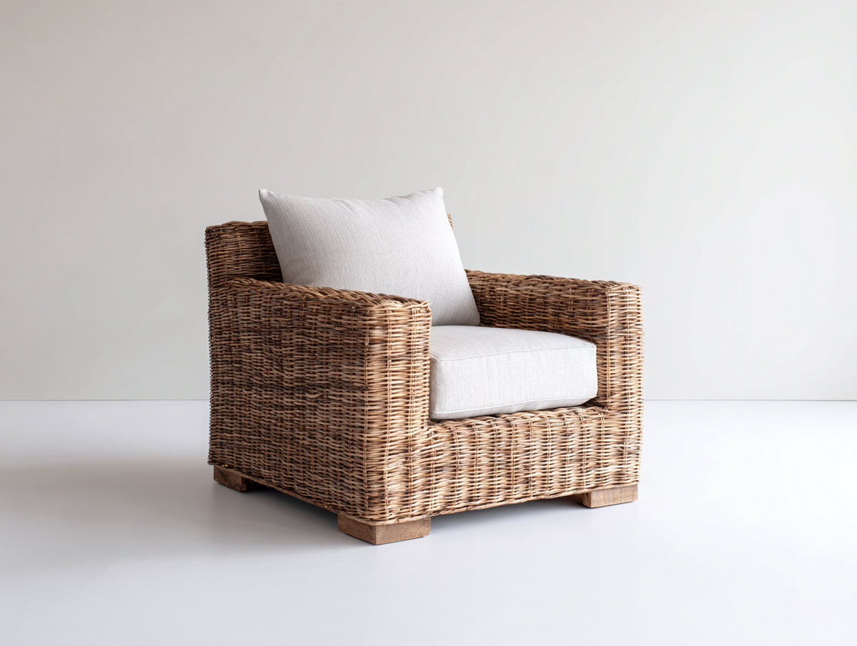 Poltrona da giardino - Rattan naturale-Tessuto - 91x84x81 cm - Marrone naturale-Avorio - Stile rustico moderno
