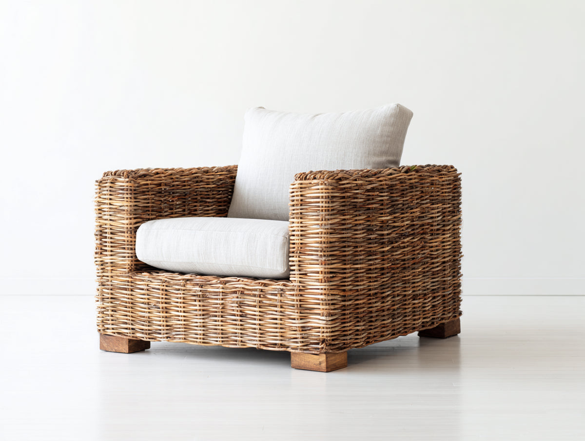 Poltrona da giardino - Rattan naturale-Tessuto - 92x85x83 cm - Marrone miele-Bianco - Stile naturale