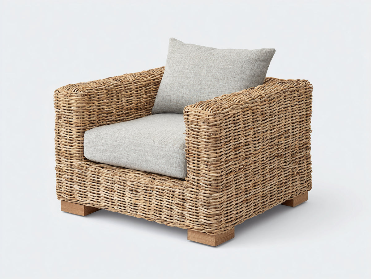 Poltrona da giardino - Rattan naturale-Tessuto - 93x86x82 cm - Naturale-Grigio chiaro - Stile contemporaneo
